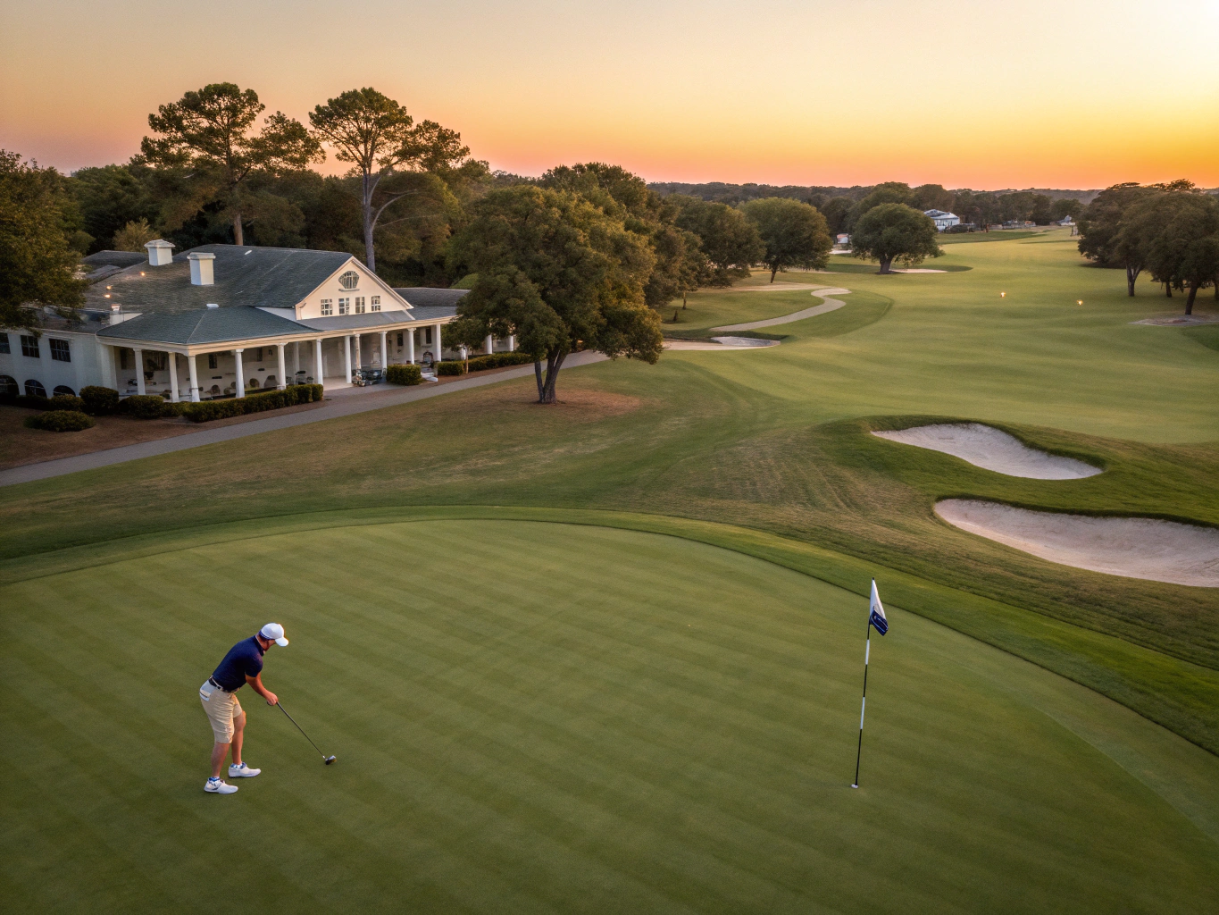 Golfers walking down a coastal fairway at sunset