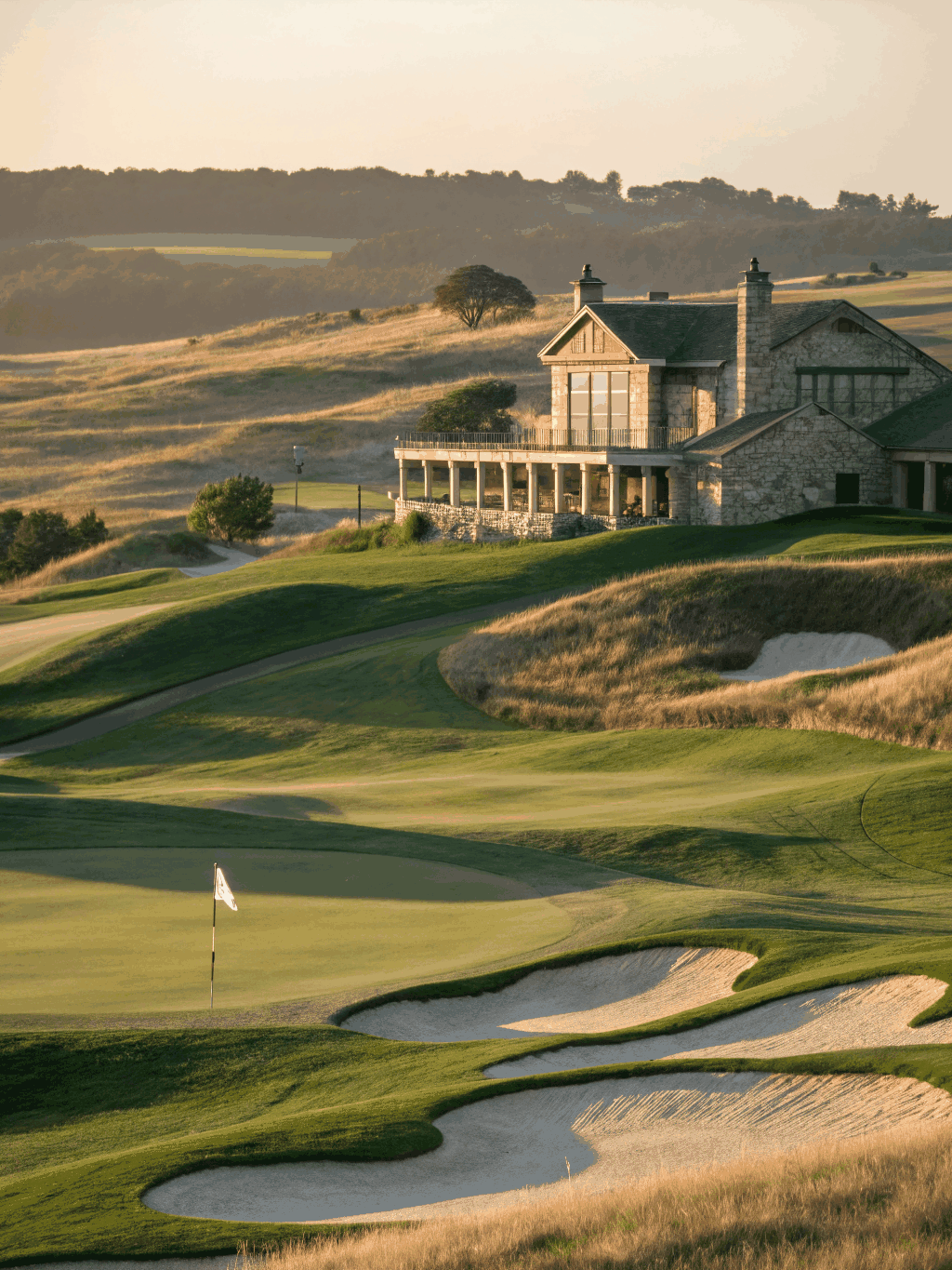 Stunning panoramic view of a championship links golf course fairway at sunrise with morning mist rolling over dunes
