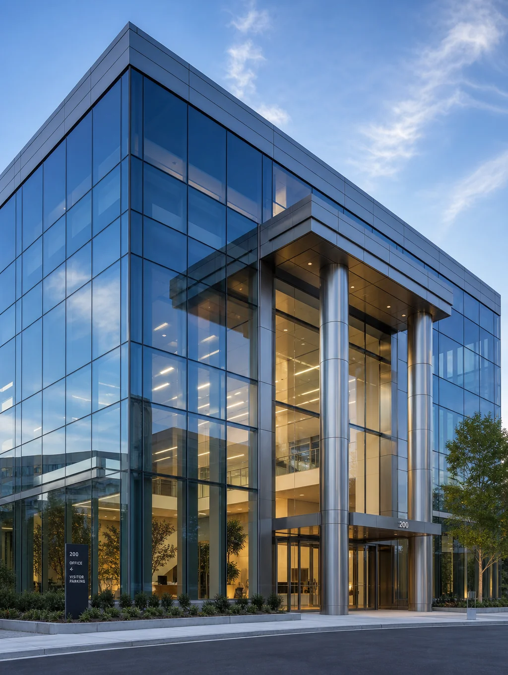 Modern golf travel office building exterior at golden hour